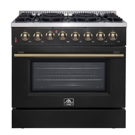 Forno Galiano 36-Inch Dual Fuel Range, 6 Sealed Brass Burners, 5.36 cu. ft. Convection Oven, Black Stainless Steel with Antique Brass Accents, Model FFSGS6156-36BLK