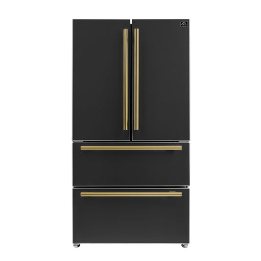 FORNO Moena 36-Inch Counter-Depth Refrigerator, 19.2 cu. ft., with Ice Maker, Black with Antique Brass Handles (FFRBI1820-36BLK)