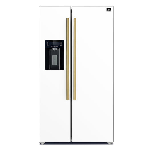 FORNO Salerno 36-Inch Side-by-Side Refrigerator, 20 Cu. Ft., Water and Ice Dispenser, White with Antique Brass Handles (Model FFRBI1844-36WHT)