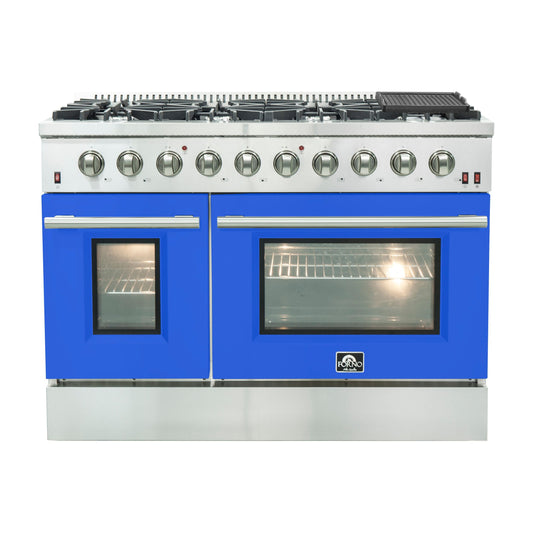 Forno Galiano 48-Inch Gas Range, 6.58 cu. ft. Double Oven, 8 Sealed Burners, Blue (Model FFSGS6244-48BLU)