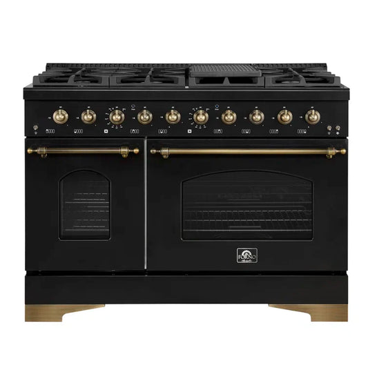 FORNO Antico 48-Inch Dual Fuel Range, 5.5 cu. ft. Oven, 8 Sealed Burners with Griddle, Black with Antique Brass Accents (FFSGS6113-48BLK)