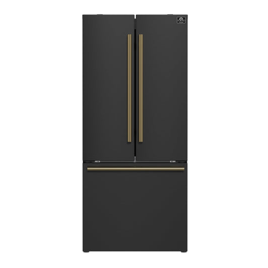 Forno Gallipoli 30-Inch Refrigerator with Ice Maker, 17.5 Cu. Ft., Black with Antique Brass Handles (Model FFFFD1974-31BLK)
