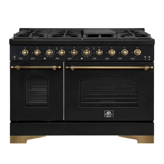 FORNO Antico 48-Inch Freestanding Gas Range, 8 Sealed Burners, Griddle, 5.5 cu. ft. Oven, Black with Antique Brass Acccents (FFSGS6219-48BLK)