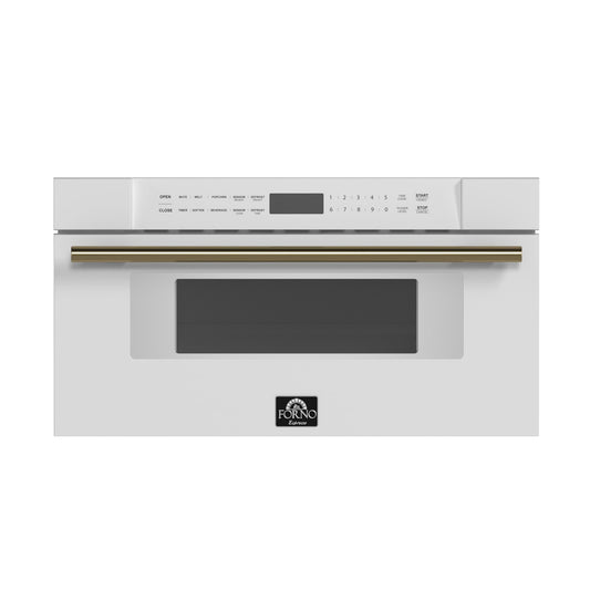 FORNO Capoliveri 30-Inch Built-In Microwave Drawer, 1.2 cu. ft., White with Antique Brass Handle (Model FMWDR3000-30WHT)