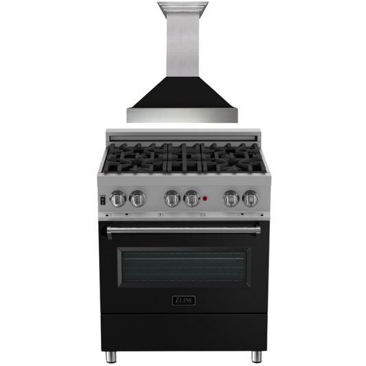 ZLINE 30 in. Dual Fuel Range in Satin Stainless Steel with Black Matte Door & 30 in. Range Hood Appliance Package, 2KP-RASBLMRH30