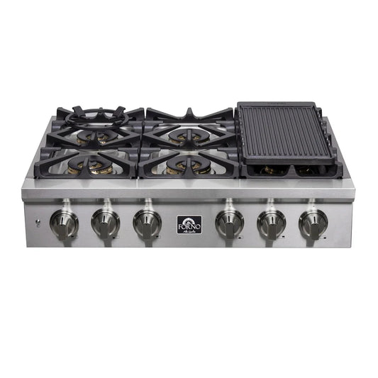 Forno Spezia 36-Inch Gas Rangetop with 6 Burners, Wok Ring, Griddle, Stainless Steel (FCTGS5751-36)