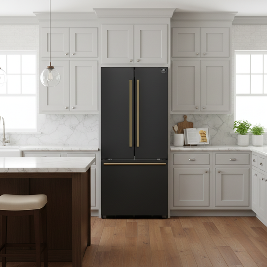 Forno Gallipoli 30-Inch Refrigerator with Ice Maker, 17.5 Cu. Ft., Black with Antique Brass Handles (Model FFFFD1974-31BLK)