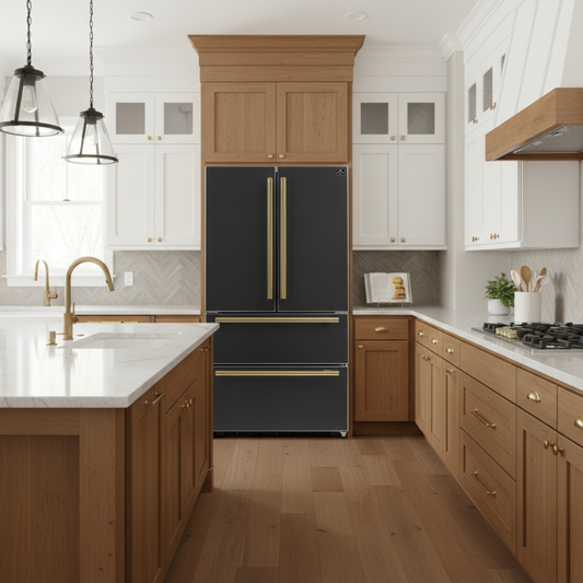 FORNO Moena 36-Inch Counter-Depth Refrigerator, 19.2 cu. ft., with Ice Maker, Black with Antique Brass Handles (FFRBI1820-36BLK)