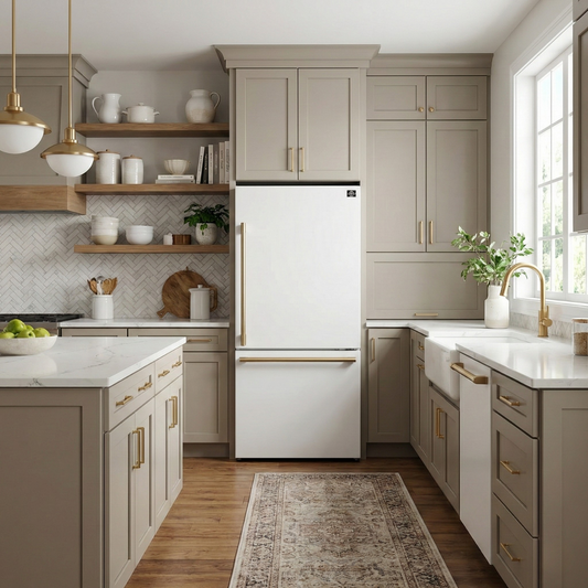 Forno Espresso Milano 31-Inch French Door Refrigerator with Bottom Freezer, 17.2 cu ft, Right-Hinged, White, Includes Antique Brass Handles (Model FFFFD1785-31WHT)