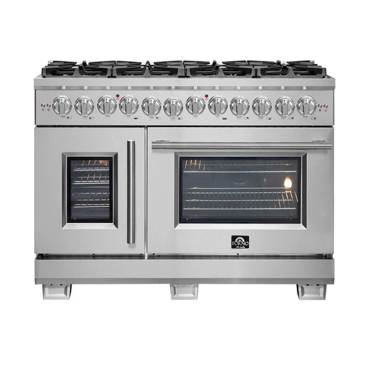 Forno Capriasca 48-Inch Freestanding Dual Fuel Range with Gas Cooktop, Double Electric Oven, 6.58 cu. ft., Left-Swing Door, Stainless Steel (FFSGS6387-48)