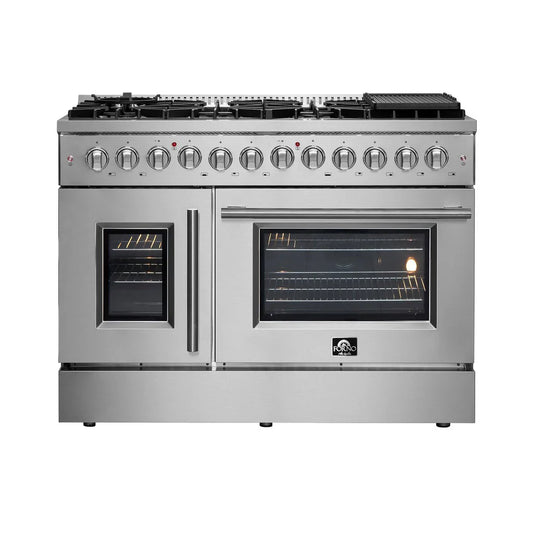 Forno Galiano 48-Inch Freestanding Dual Fuel Range with Gas Cooktop, Double Electric Oven, 6.58 cu. ft., Left Swing Door, Stainless Steel (FFSGS6356-48)