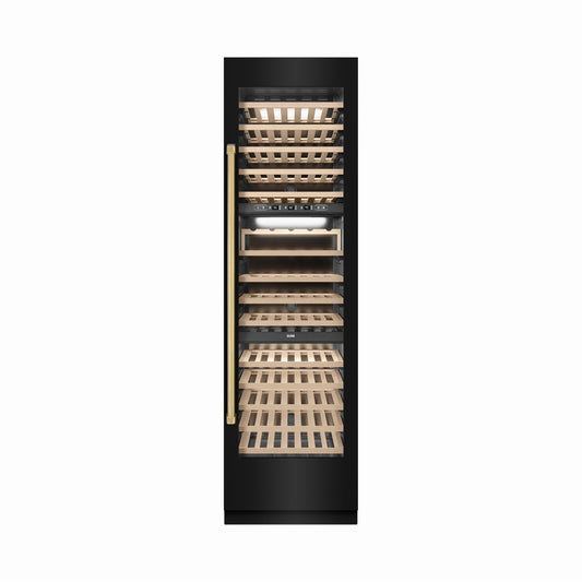 ZLINE Autograph 24" 12.4 cu. ft. Triple Zone 100 Bottle Column Wine Cooler in Black Stainless Steel and Polished Gold Accents, RCWVZ-BS-24-G