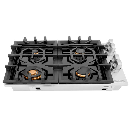ZLINE 30" Gas Cooktop with 4 Gas Brass Burners and Black Porcelain Top, RC-BR-30-PBT