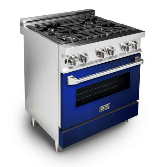 ZLINE 30" Professional Dual Fuel Range with 4 Gas Burners and Electric Convection Oven in Stainless Steel with Blue Gloss Door (RA-BG-30)