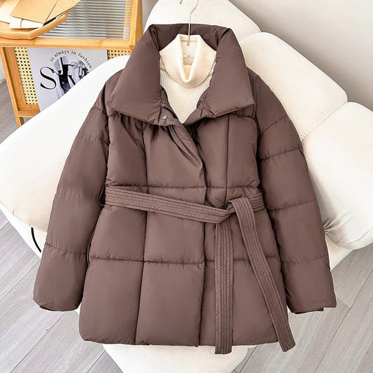 Petite Belted Mid-Length Puffer Coat – Winter Thermal Warm Jacket for Women