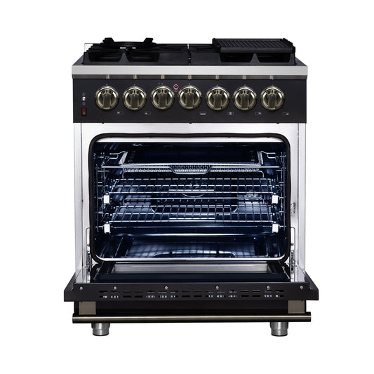 Forno Massimo 30-Inch Freestanding Dual Fuel Range, 4.32 cu. ft. Oven, 5 Sealed Burners, Air Fry Kit, Griddle, Wok Ring, Black with Antique Brass, Model FFSGS6125-30BLK