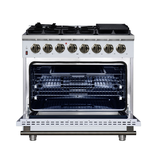 FORNO Massimo 36-Inch Freestanding Dual Fuel Range, 6 Sealed Burners, 5.36 cu. ft. Convection Oven, Air Fry Basket, Wok Support, Griddle, Black with Antique Brass Accents (Model FFSGS6125-36WHT)