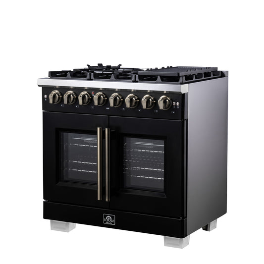 Forno Capriasca 36-Inch Dual Fuel Range, 5.36 Cu. Ft., 6 Sealed Brass Burners, Black with Antique Brass Accents, FFSGS6387-36BLK
