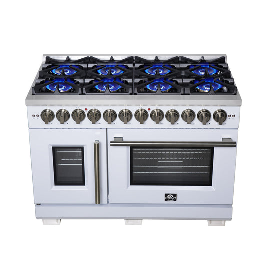 FORNO Capriasca 48-Inch Dual Fuel Range, 6.58 cu. ft. Oven, 8 Sealed Brass Burners, Air Fryer Kit, Rotisserie, Griddle, Wok Ring, White with Antique Brass Acccents (Model: FFSGS6387-48WHT)