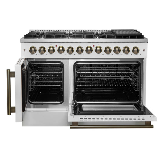 Forno Galiano 48-Inch Dual Fuel Range, 6.58 cu. ft., French Door Oven, 8 Sealed Burners with Griddle, White with Antique Brass Accents (Model FFSGS6356-48WHT)