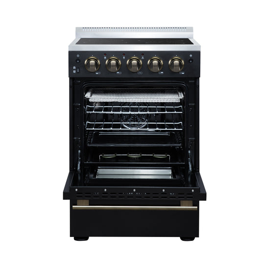 Forno Loiano 24 in. Freestanding Electric Range, 2.3 cu. ft., 4 Radiant Elements, Storage Drawer, Air Fryer Kit, Black with Antique Brass Accents (FFSEL6069-24BLK)