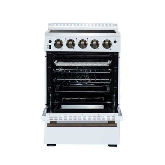 Forno Loiano 24-Inch Freestanding Electric Range, 2.3 cu. ft. Oven, 4 Radiant Elements, Storage Drawer, Air Fryer Kit, White with Antique Brass Accents (FFSEL6069-24WHT)