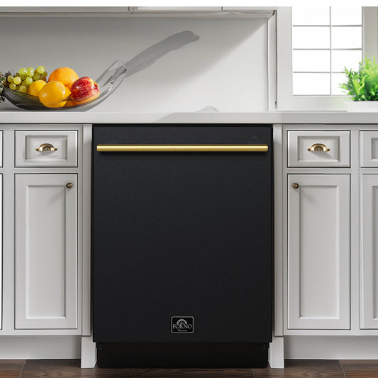 FORNO Romano 24-Inch Built-In Tall Tub Dishwasher, Black with Antique Brass Handles (Model FDWBI8035-24BLK)