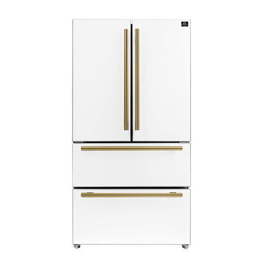 Forno Moena 36-Inch Counter-Depth Refrigerator with Ice Maker, 19.2 Cu. Ft., White with Antique Brass Handles (FFRBI1820-36WHT)