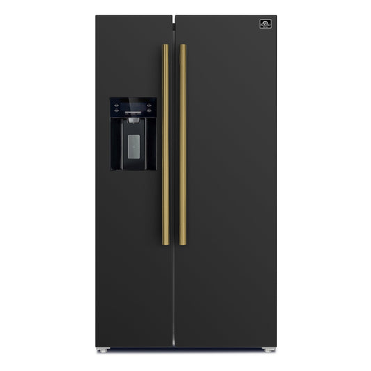 Forno Salerno 36-Inch Side-by-Side Refrigerator, 20 cu. ft., Black, Water & Ice Dispenser, Antique Brass Handles (FFRBI1844-36BLK)