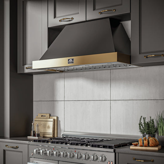 FORNO Vittorio 48-Inch Wall-Mount Range Hood, 600 CFM, Black with Antique Brass Trim, Remote Control (Model FRHWM5078-48BLK)