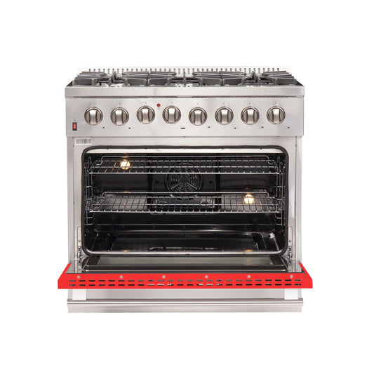 Forno Galiano 36 Inch Dual Fuel Range, 5.36 cu. ft. Oven, 6 Sealed Burners, Red Finish, Model FFSGS6156-36RED