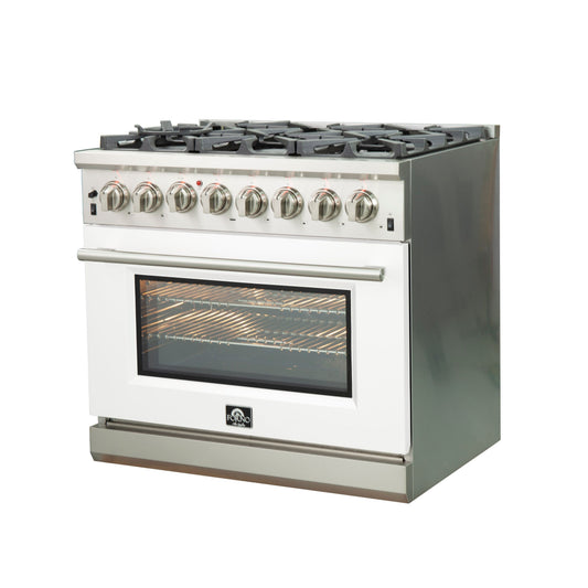 Forno Capriasca 36-Inch Dual Fuel Range, 5.36 cu. ft. Oven, 6 Sealed Gas Burners, White Finish (Model FFSGS6187-36WHT)