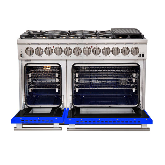 FORNO Capriasca 48-Inch Dual Fuel Range, 6.58 cu. ft., 8 Sealed Italian Brass Burners, Blue, Model FFSGS6187-48BLU