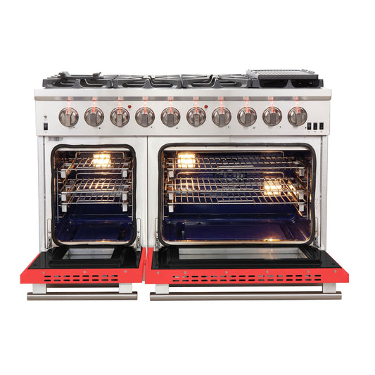 Forno Capriasca 48-Inch Gas Range, 6.58 cu. ft., 8 Sealed Burners, Red (Model FFSGS6260-48RED)