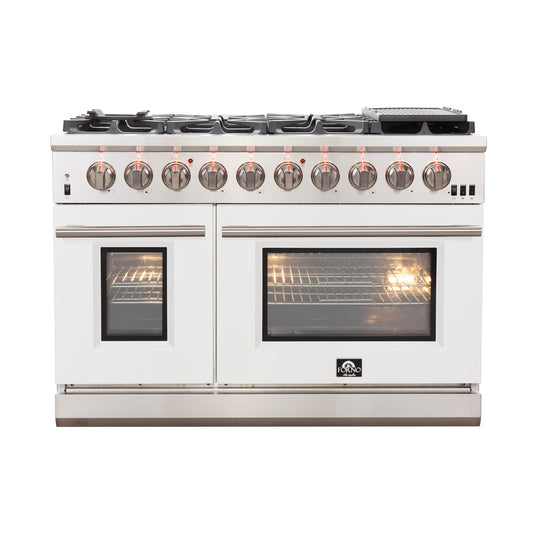 FORNO Capriasca 48-Inch Gas Range, 6.58 cu. ft. Total Oven Capacity, 8 Sealed Brass Burners, White Finish – Model FFSGS6260-48WHT