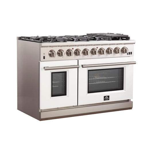 FORNO Capriasca 48-Inch Gas Range, 6.58 cu. ft. Total Oven Capacity, 8 Sealed Brass Burners, White Finish – Model FFSGS6260-48WHT