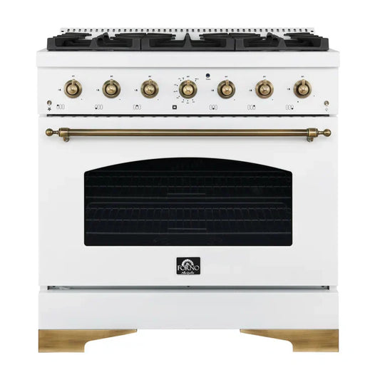Forno Antico 36-Inch Dual Fuel Range, 4.5 cu. ft. Oven, 6 Sealed Burners, White with Antique Brass Accents (Model FFSGS6113-36WHT)