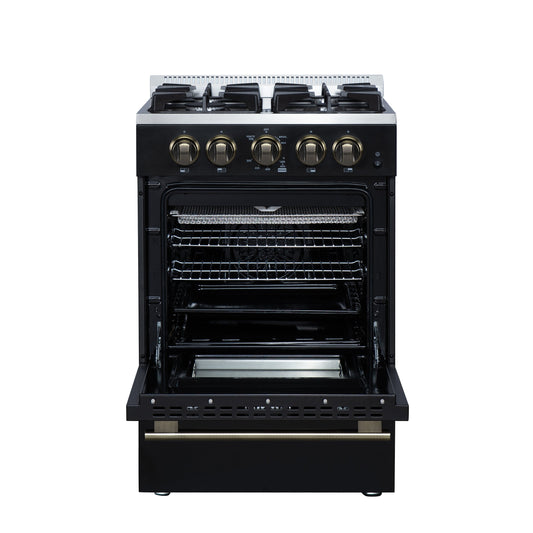 Forno Breno 24-Inch Freestanding Gas Range, 2.3 Cu. Ft. Oven, 4 Sealed Burners, Storage Drawer, Air Fryer Kit, Black with Antique Brass Accents (FFSGS6272-24BLK)