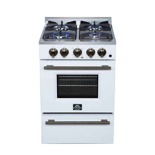 FORNO Breno 24-Inch Freestanding Gas Range, 2.3 cu. ft. Oven, 4 Sealed Burners, Storage Drawer, Air Fryer Kit, White with Antique Brass Accents (Model FFSGS6272-24WHT)