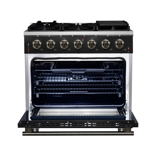 FORNO Massimo 36-Inch Freestanding Gas Range, 5.36 cu. ft. Oven, 6 Sealed Burners, Black with Antique Brass Accents (Model FFSGS6239-36BLK)