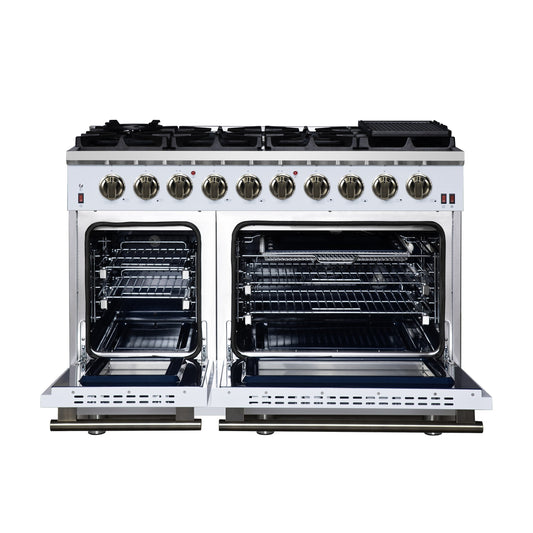 Forno Massimo 48-Inch Freestanding Gas Range with 8 Sealed Burners, 6.58 cu. ft. Oven, Air Fry Kit, Griddle & Wok Support – White with Antique Brass Accents (Model FFSGS6239-48WHT)