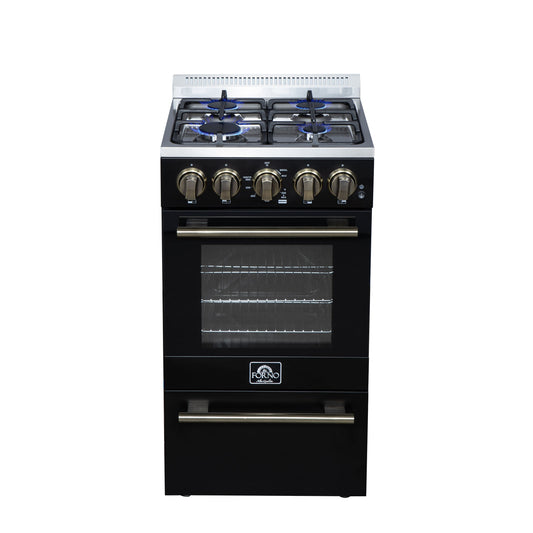 Forno Lamazze 20-Inch Freestanding Gas Range, 2.05 Cu. Ft. Oven, 4 Sealed Burners, Black with Antique Brass Accents (Model FFSGS6265-20BLK)