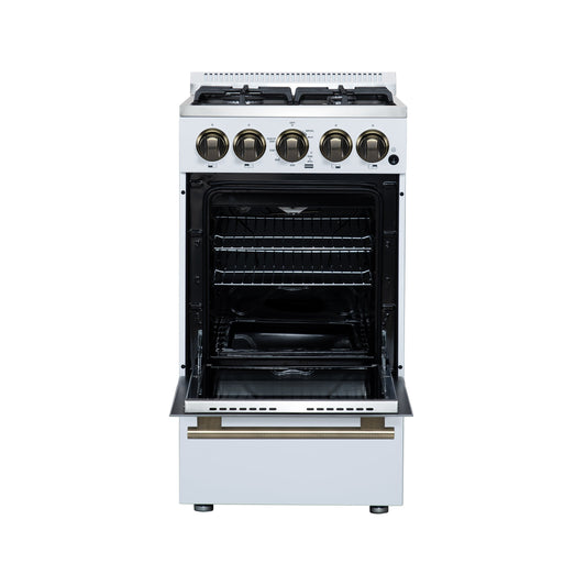 Forno Lamazze 20-Inch Freestanding Gas Range, 2.05 cu. ft. Oven, 4 Sealed Burners, White with Antique Brass Accents (Model FFSGS6265-20WHT)