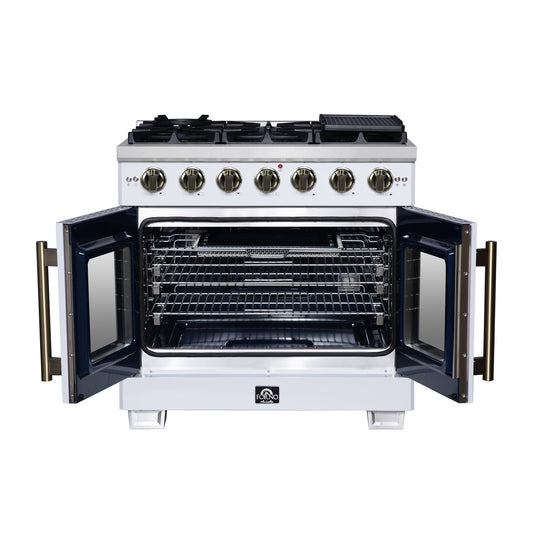 Forno Capriasca 36-Inch Gas Range with French Door Oven, 6 Sealed Burners, 5.36 cu. ft. Capacity, Air Fry Kit, Rotisserie, Wok Ring, Griddle, White with Antique Brass Accents (Model FFSGS6460-36WHT)