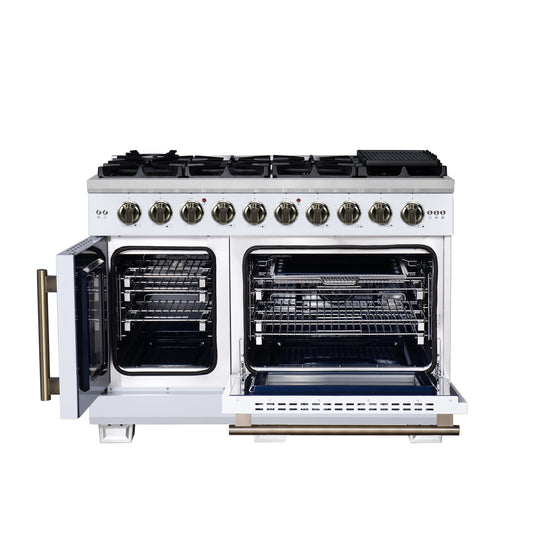 Forno Capriasca 48-Inch French Door Gas Range, 6.58 cu. ft., 8 Sealed Brass Burners, Air Fry Kit, Rotisserie Kit, Wok Support & Griddle, White with Antique Brass Accents (FFSGS6460-48WHT)