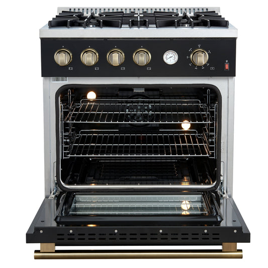 FORNO Marco 30-Inch Gas Range, 4.32 cu. ft. Oven, 4 Sealed Burners, Temperature Gauge, Black with Antique Brass Accents (Model FFSGS6277-30BLK)