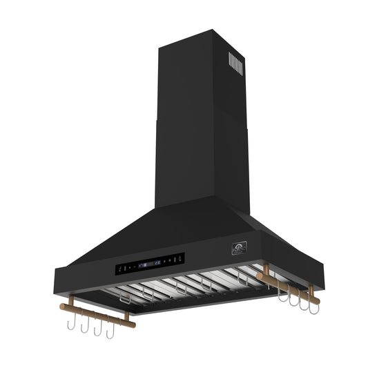 Forno Venezia 36-Inch Wall-Mount Range Hood, 370 CFM, Ducted Vent, Touch Controls, LED Lighting, Black with Antique Brass Accents (Model FRHWM5503-36BLK)