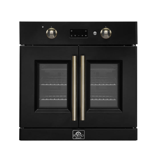 FORNO Asti 30-Inch French Door Electric Wall Oven, 3.58 Cu. Ft., Air Fry, Self-Clean, Sous Vide, Black with Antique Brass Accents (FBOEL1333-30BLK)