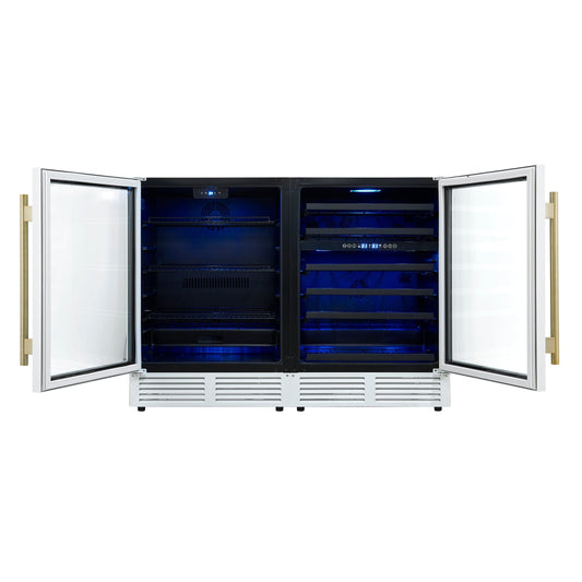 FORNO Gemello 48-Inch Side-by-Side Wine & Beverage Cooler, White with Antique Brass Handles (FWCDR6699-48WHT)
