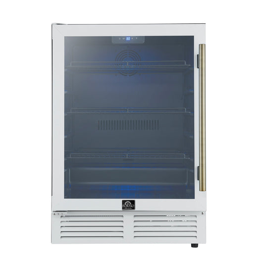 Forno Frescolino 24-Inch Beverage Cooler, 188-Can Capacity, Triple-Glass Door, LED Lighting, White with Antique Brass Accents (Model FWCDR6665-24WHT)